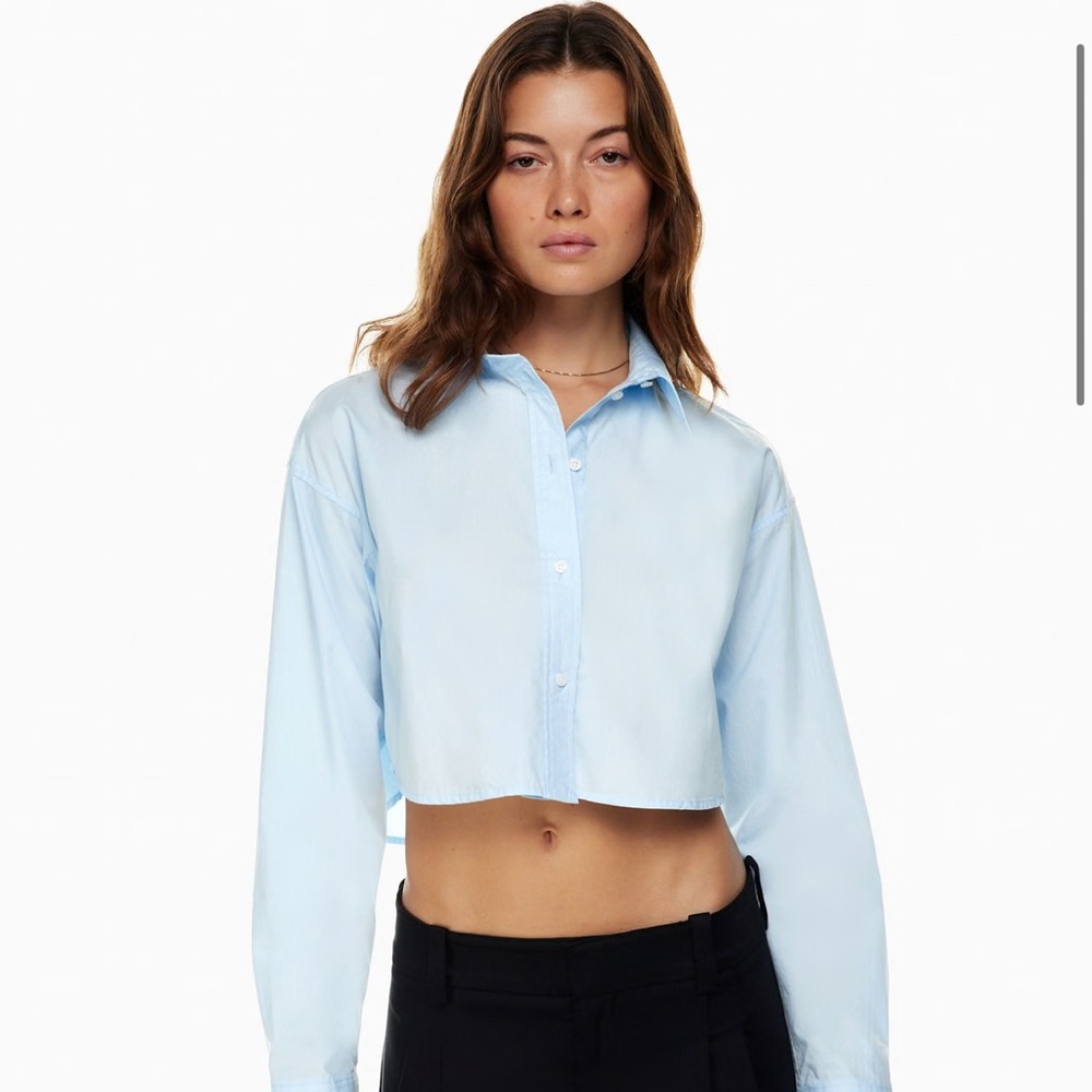 Aritzia Cropped Blue Shirt Size Large color poppy